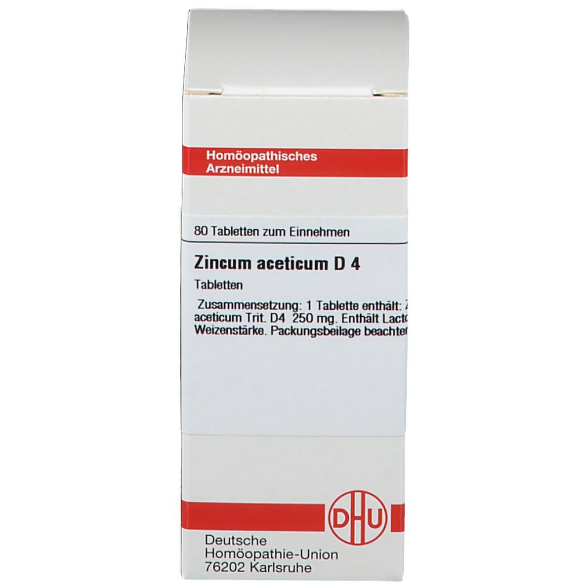 Weiße Faltschachtel mit Aufdruck: DHU Zincum aceticum D4, 80 Tabletten. Logo Deutsche Homöopathie-Union.