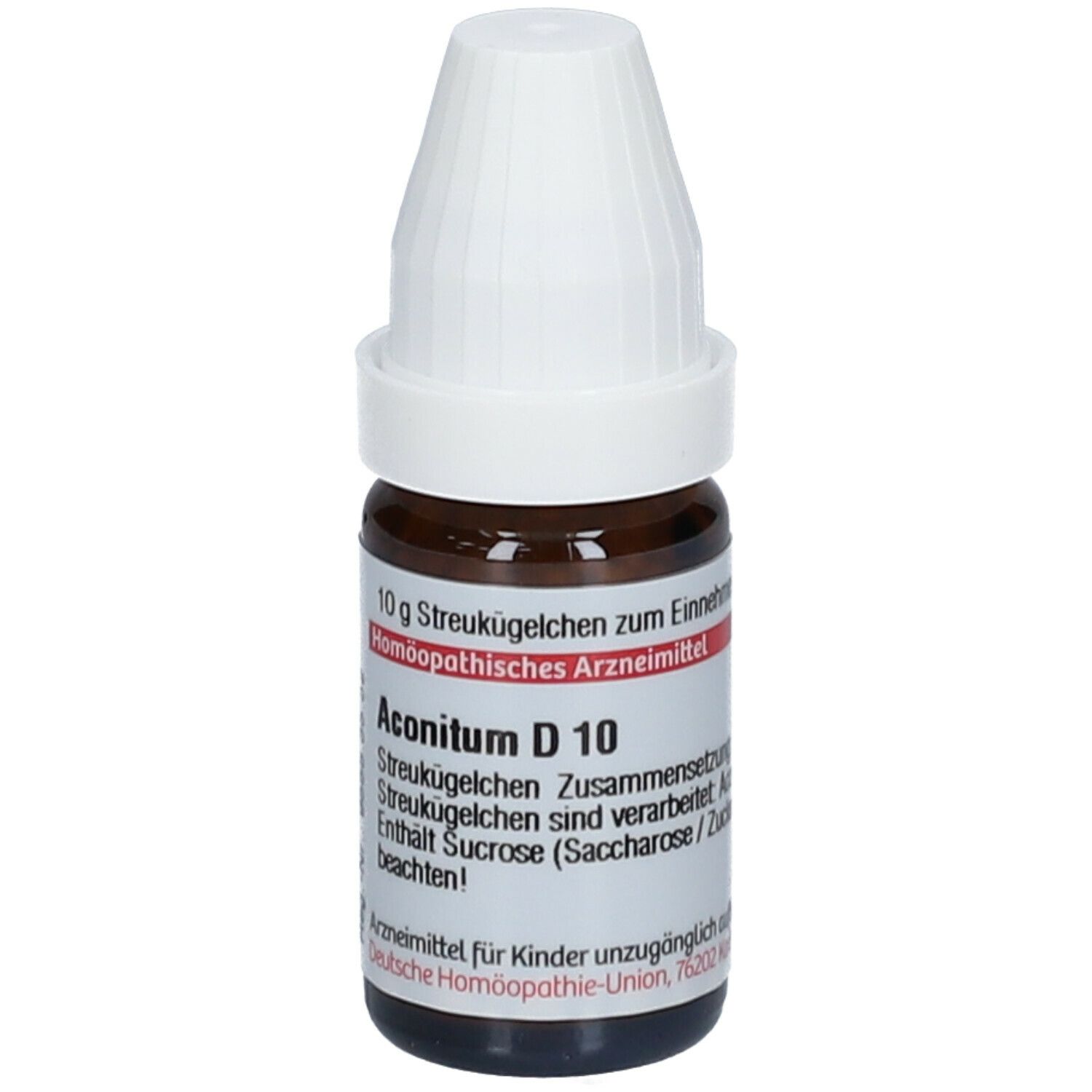 Braune Glasflasche mit weißem Deckel. Beschriftung: Aconitum D 10, 10 g Streukügelchen. Homöopathisches Arzneimittel.