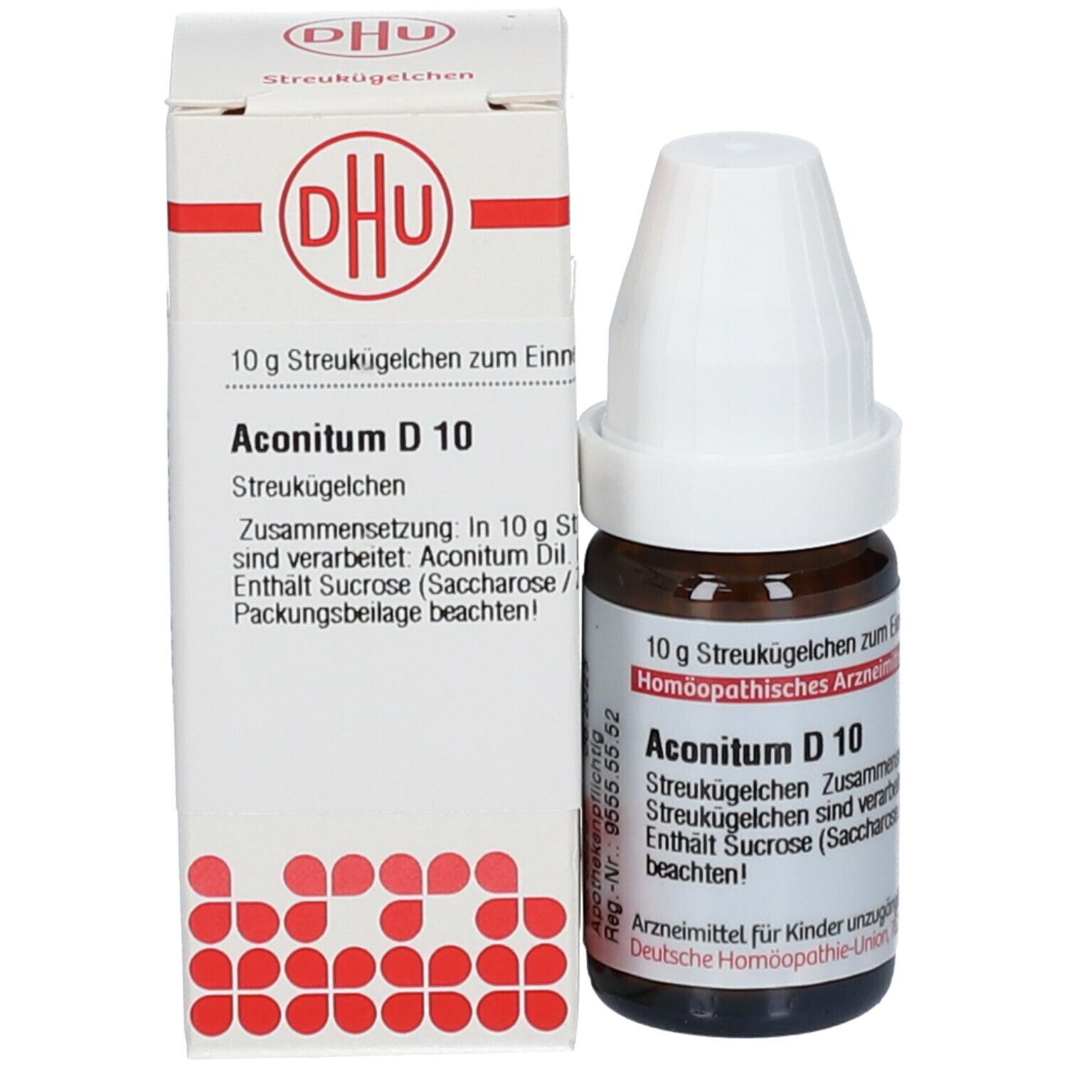Produktverpackung mit Flasche. Weißer Karton mit roter Schrift: DHU, Aconitum D 10, 10 g Streukügelchen.