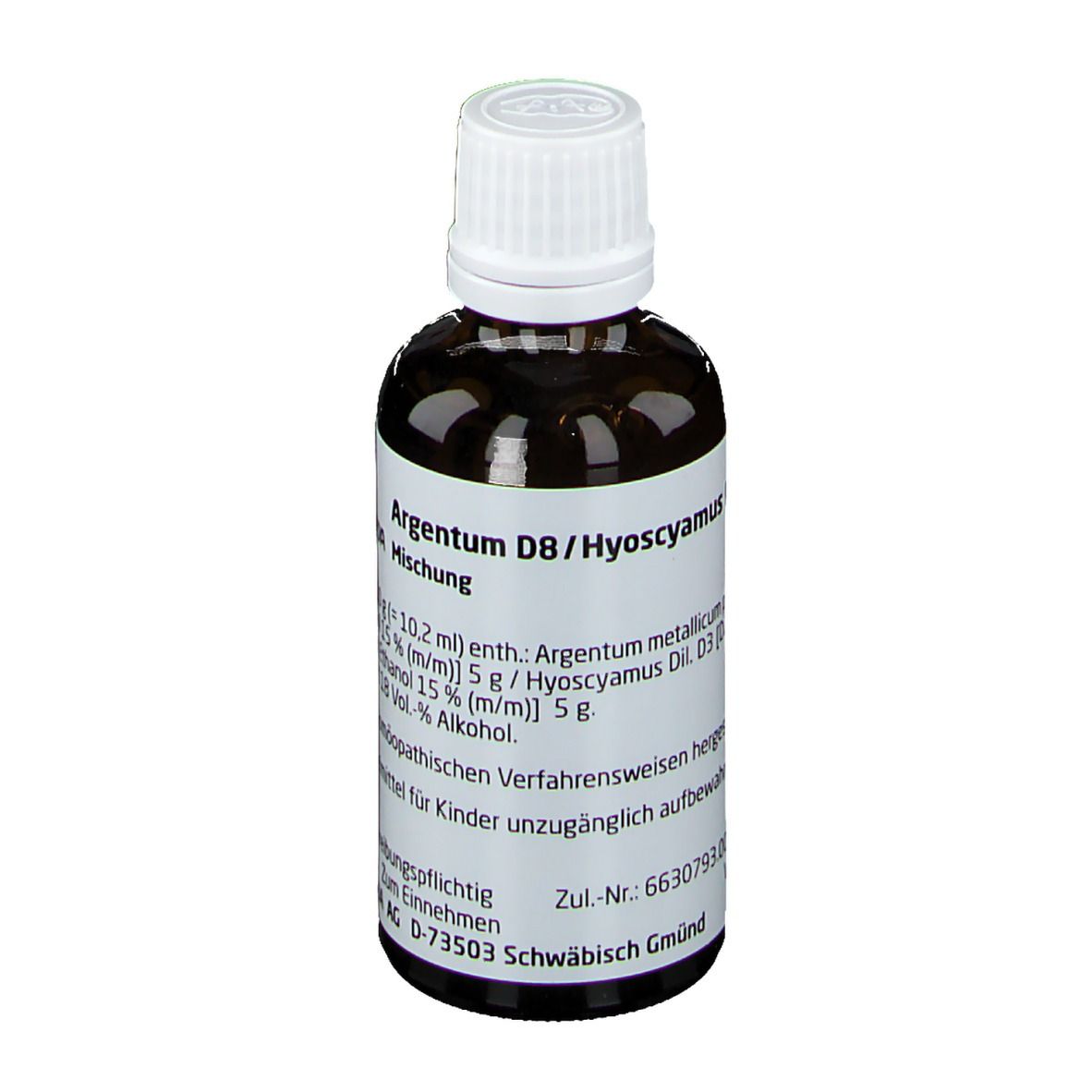 Braune Glasflasche mit weißem Verschluss. Etikett mit Produktnamen und Inhaltsstoffen. Zul.-Nr. 6630793. Apothekenpflichtig.