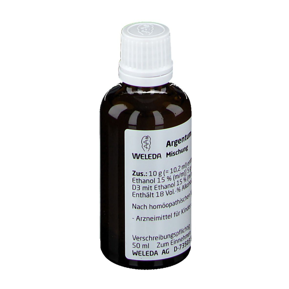 Braune Glasflasche mit weißem Verschluss. Etikett mit Produktnamen und Inhaltsstoffen. WELEDA AG. 50 ml.