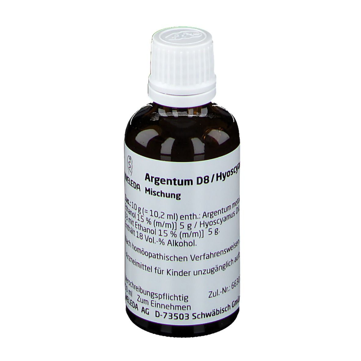 Braune Glasflasche mit weißem Verschluss. Etikett mit Produktnamen und Inhaltsstoffen. WELEDA AG. 50 ml.