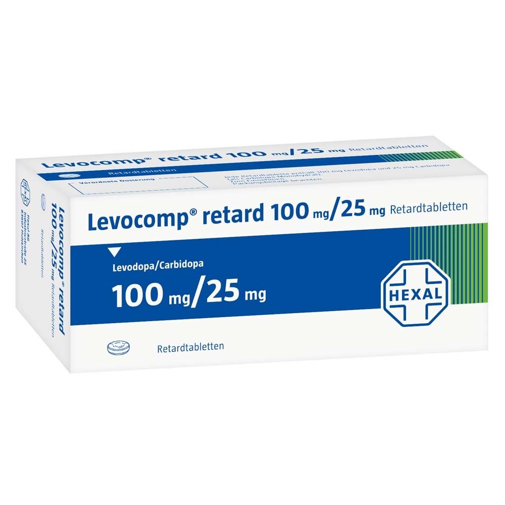 Schachtel mit "Levocomp retard 100 mg/25 mg Retardtabletten". Blaue und weiße Verpackung mit Hexal-Logo.