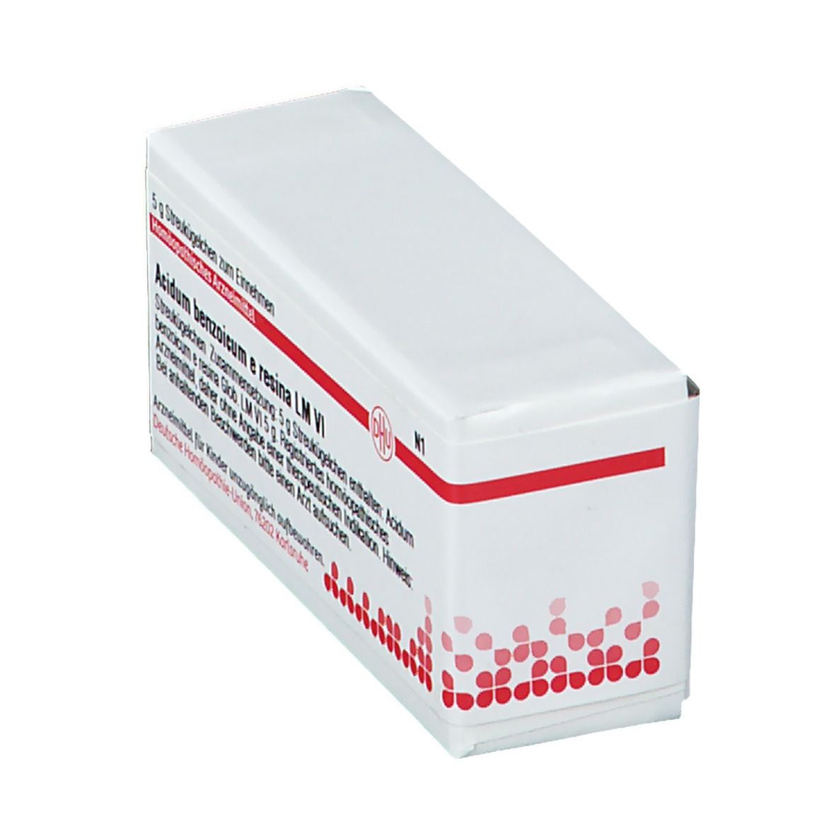 Schräg gestellte, weiße Arzneimittelverpackung mit roter Schrift und DHU-Logo. Text: Acidum benzoicum e resina LM VI.