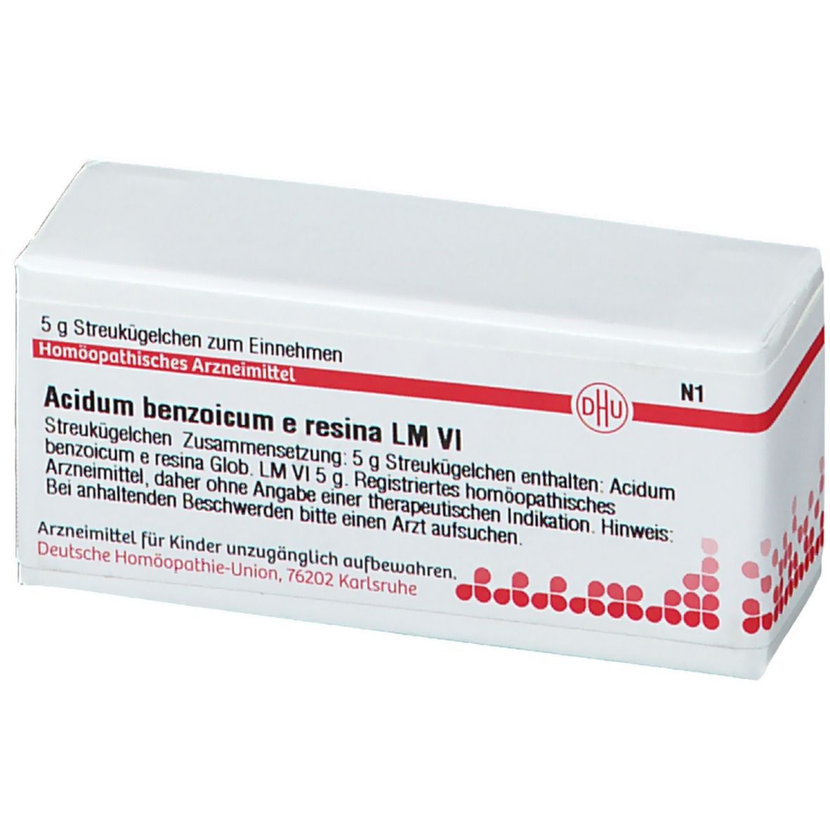 Weiße Arzneimittelverpackung mit roter Schrift und DHU-Logo. Text: Acidum benzoicum e resina LM VI, 5 g Streukügelchen.