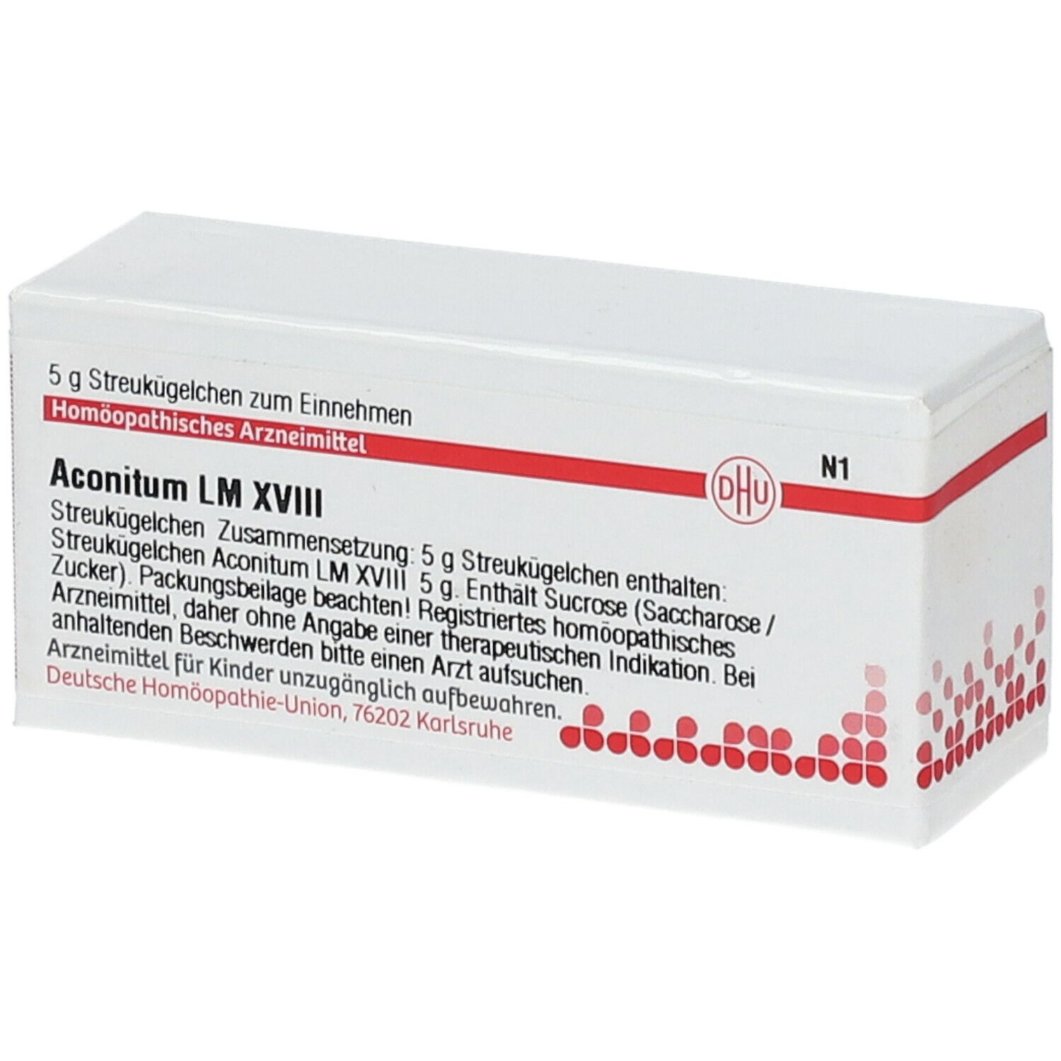 Weiße Schachtel mit roter Umrandung. Aufschrift: Aconitum LM XVIII, DHU Logo, 5 g Streukügelchen. Text in deutscher Sprache.