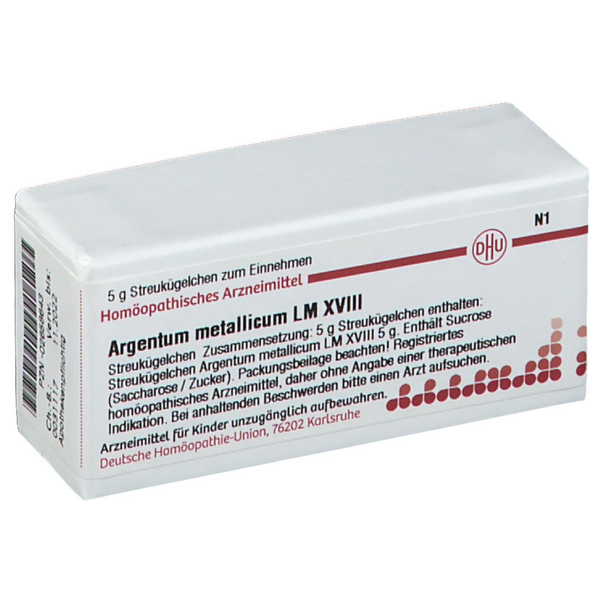 Weiße Schachtel mit roter Schrift und DHU-Logo. Enthält 5 g Streukügelchen Argentum metallicum LM XVIII. Text in Deutsch.