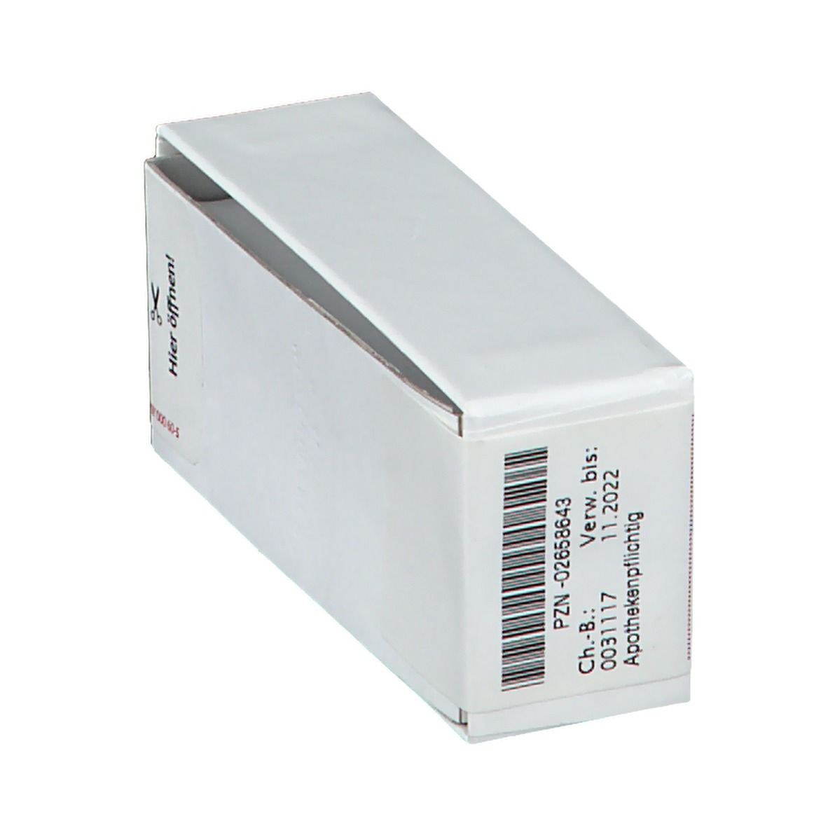 Geöffnete weiße Schachtel mit Barcode und Text. Enthält Informationen zu PZN, Ch.-B. und Verfallsdatum. Apothekenpflichtig.