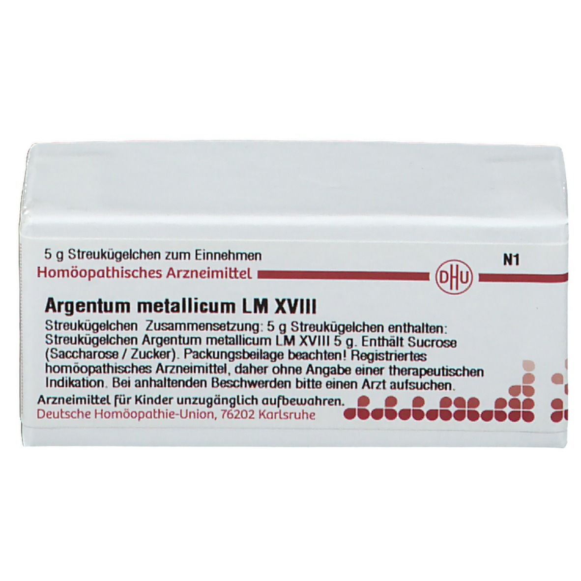 Weiße Schachtel mit roter Schrift und DHU-Logo. Enthält 5 g Streukügelchen Argentum metallicum LM XVIII. Text in Deutsch.