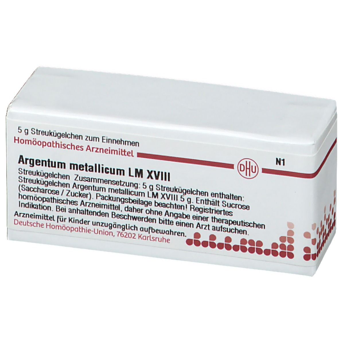 Weiße Schachtel mit roter Schrift und DHU-Logo. Enthält 5 g Streukügelchen Argentum metallicum LM XVIII. Text in Deutsch.