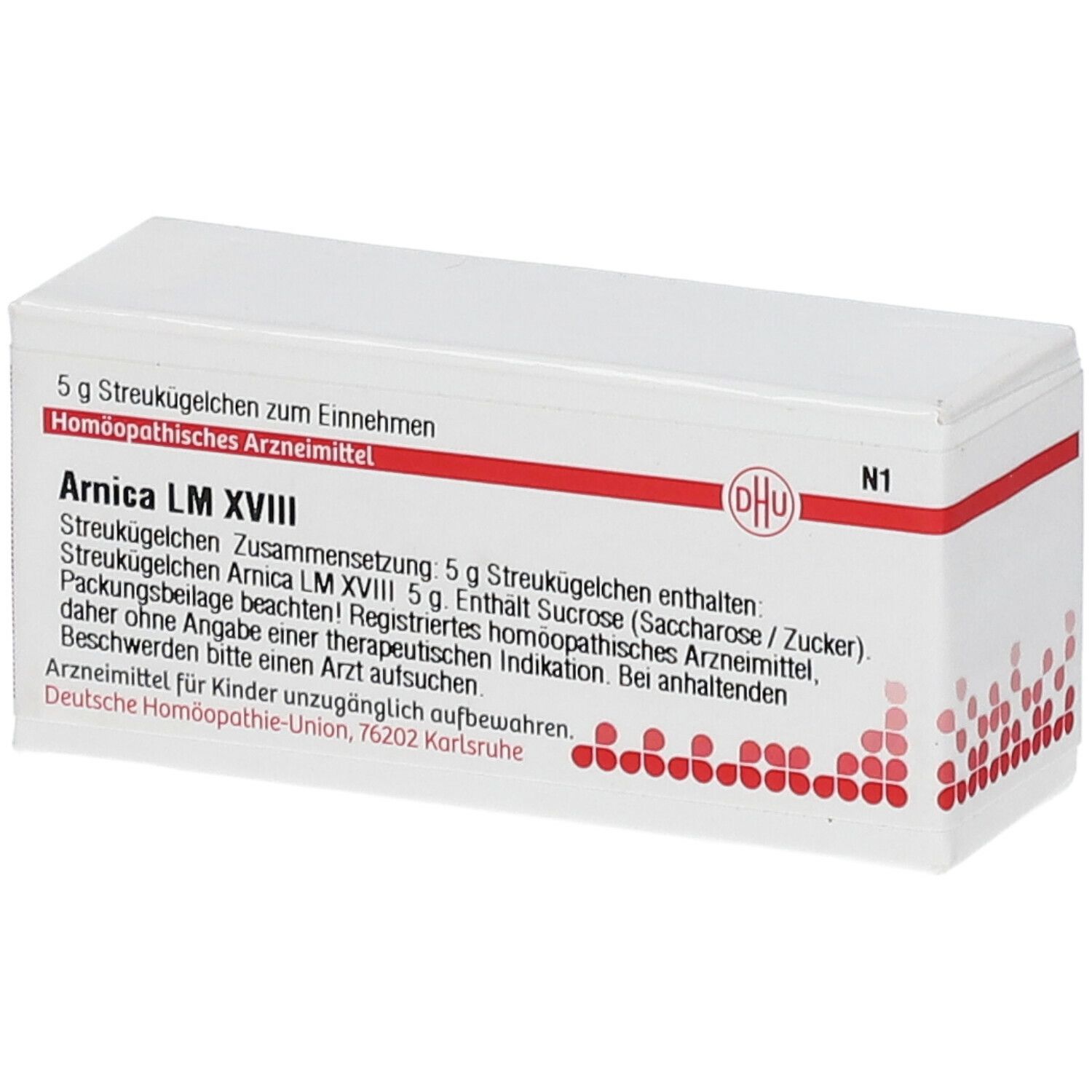Weiße Schachtel mit roter Schrift und DHU-Logo. Text: Arnica LM XVIII, 5 g Streukügelchen. Homöopathisches Arzneimittel.