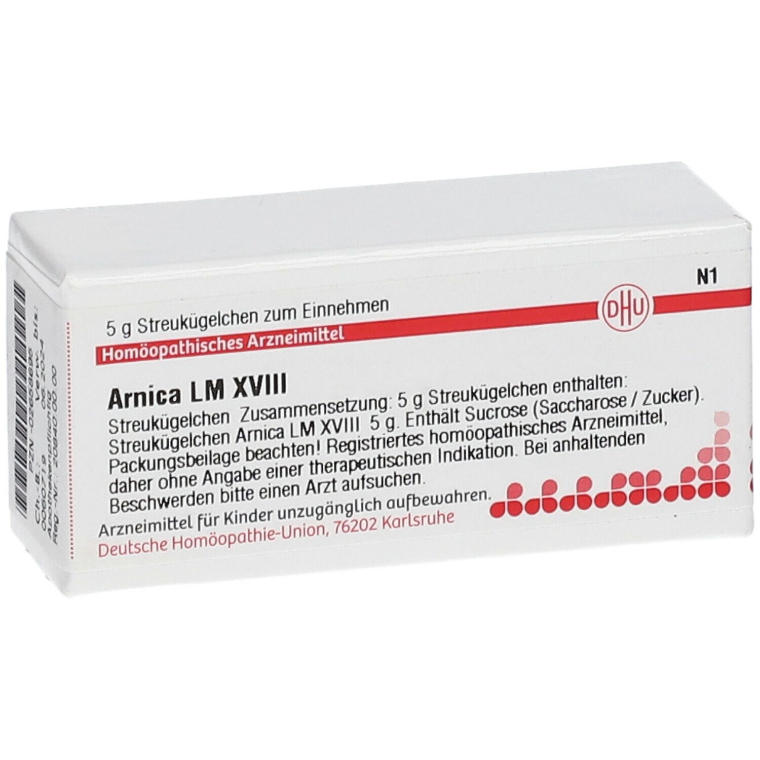 Weiße Schachtel mit roter Schrift und DHU-Logo. Text: Arnica LM XVIII, 5 g Streukügelchen. Homöopathisches Arzneimittel.