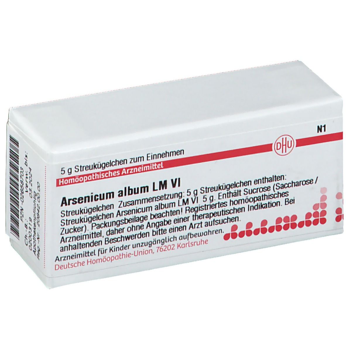 Weiße Schachtel mit roter Schrift und DHU-Logo. Enthält Streukügelchen Arsenicum album LM VI. Aufdruck: 5 g, N1.