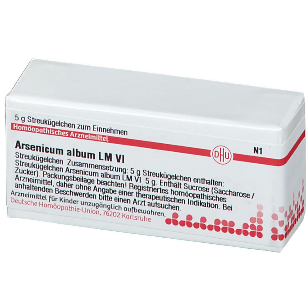 Weiße Schachtel mit roter Schrift und DHU-Logo. Enthält Streukügelchen Arsenicum album LM VI. Aufdruck: 5 g, N1.