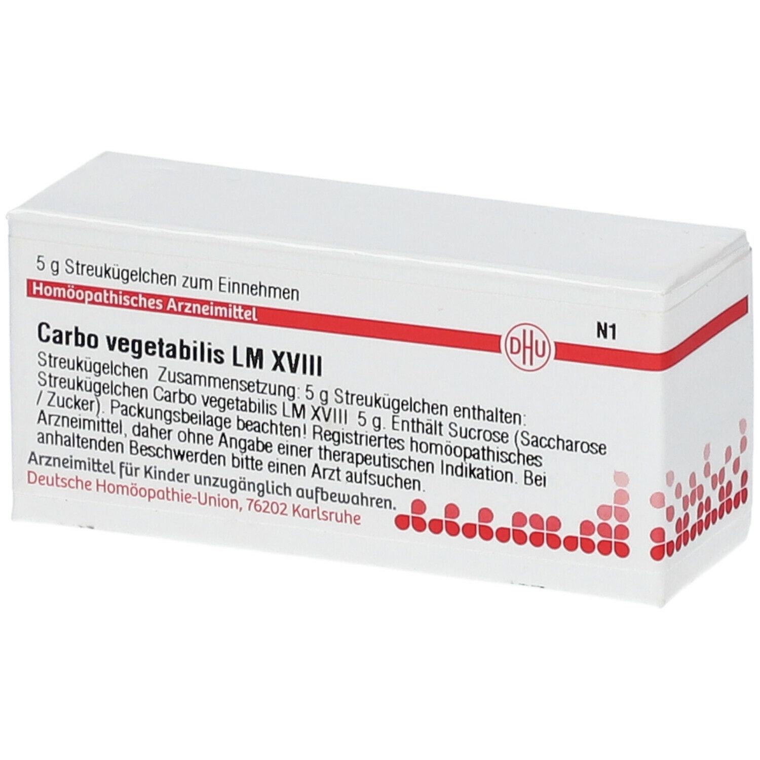 Weiße rechteckige Schachtel mit roter Schrift und DHU-Logo. Text: Carbo vegetabilis LM XVIII, 5 g Streukügelchen.