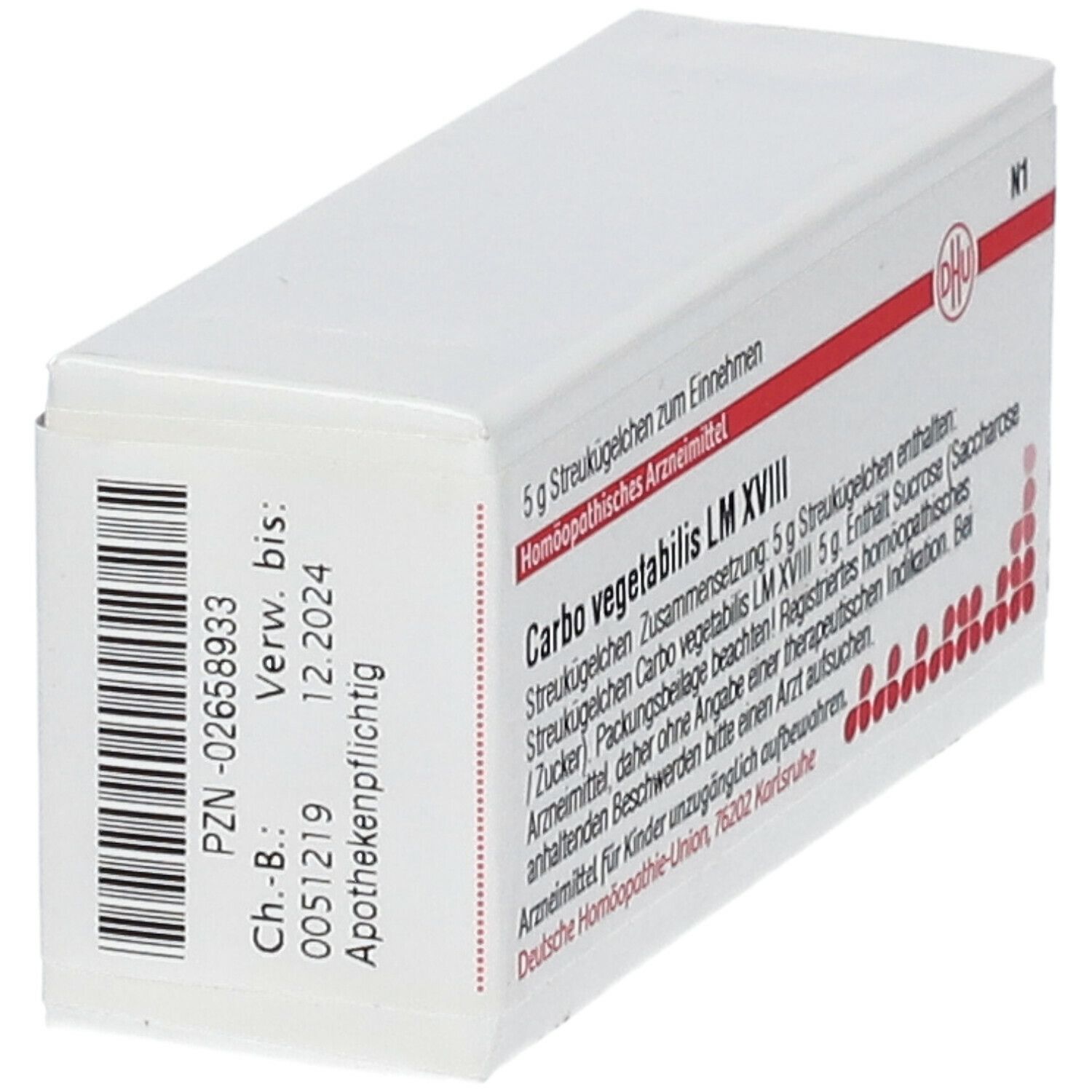 Weiße Schachtel mit roter Schrift und Barcode. Text: Carbo vegetabilis LM XVIII, 5 g Streukügelchen. Apothekenpflichtig.