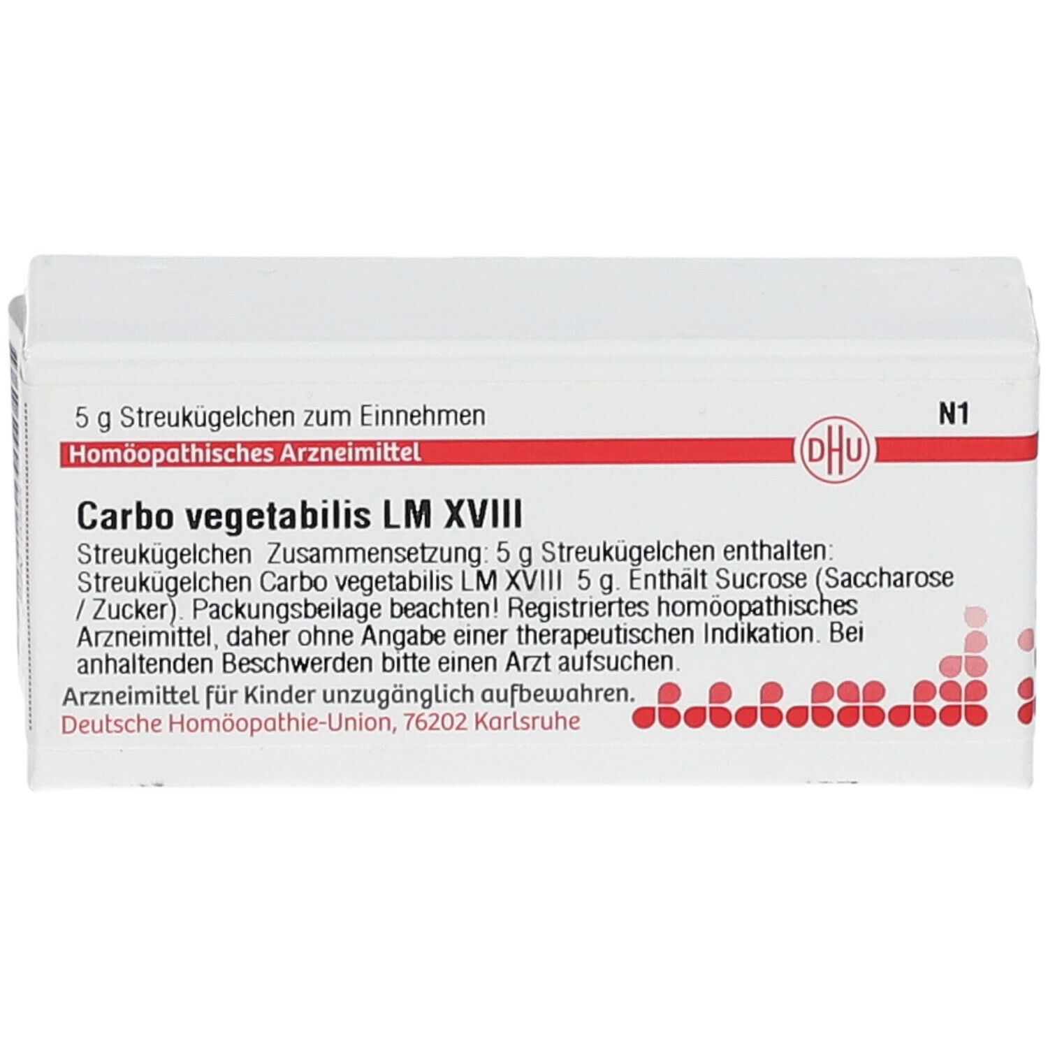 Weiße Schachtel mit roter Schrift und DHU-Logo. Text: Carbo vegetabilis LM XVIII, 5 g Streukügelchen zum Einnehmen.