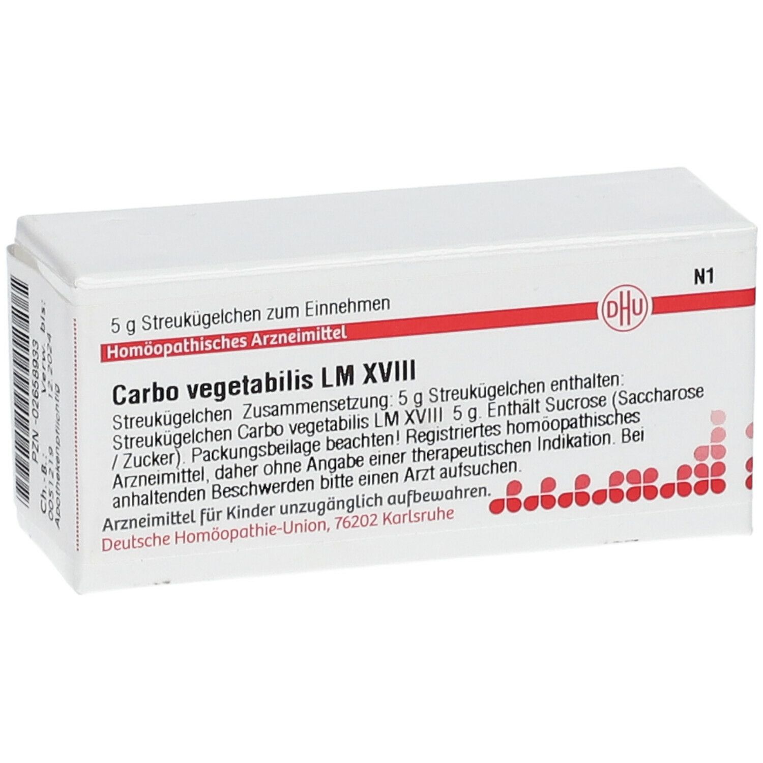 Weiße Schachtel mit roter Schrift und Barcode. Text: Carbo vegetabilis LM XVIII, 5 g Streukügelchen. Apothekenpflichtig.
