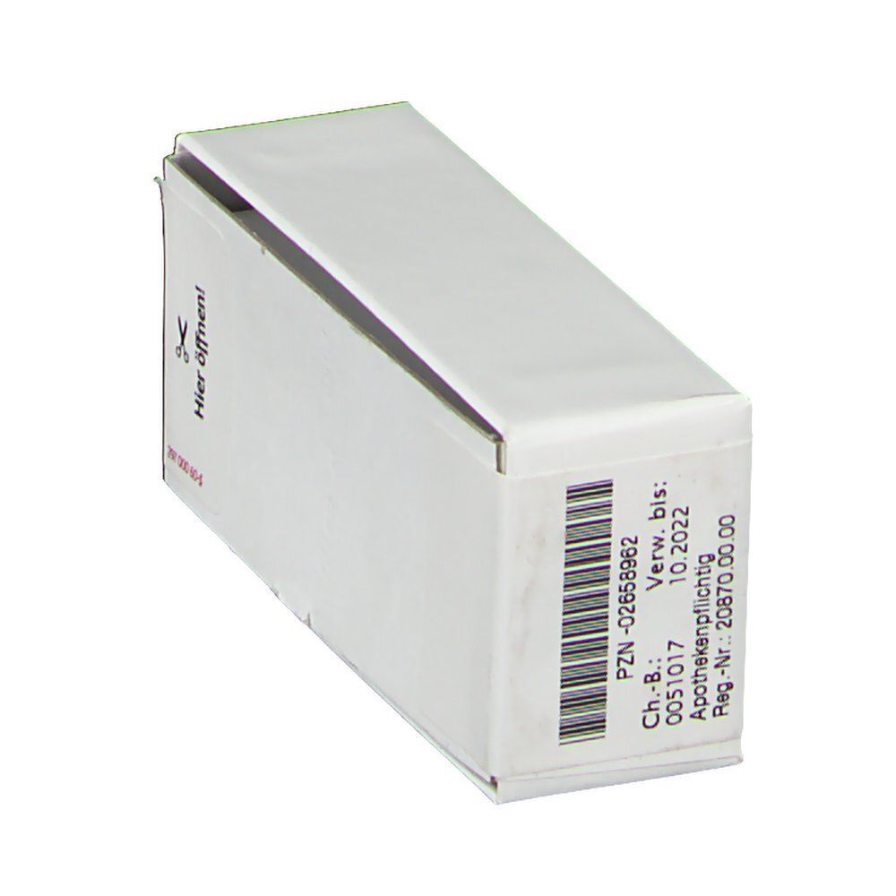 Schachtel mit Barcode und Verfallsdatum. Aufschrift "Hier öffnen!". Apothekenpflichtig. Weiße Verpackung.
