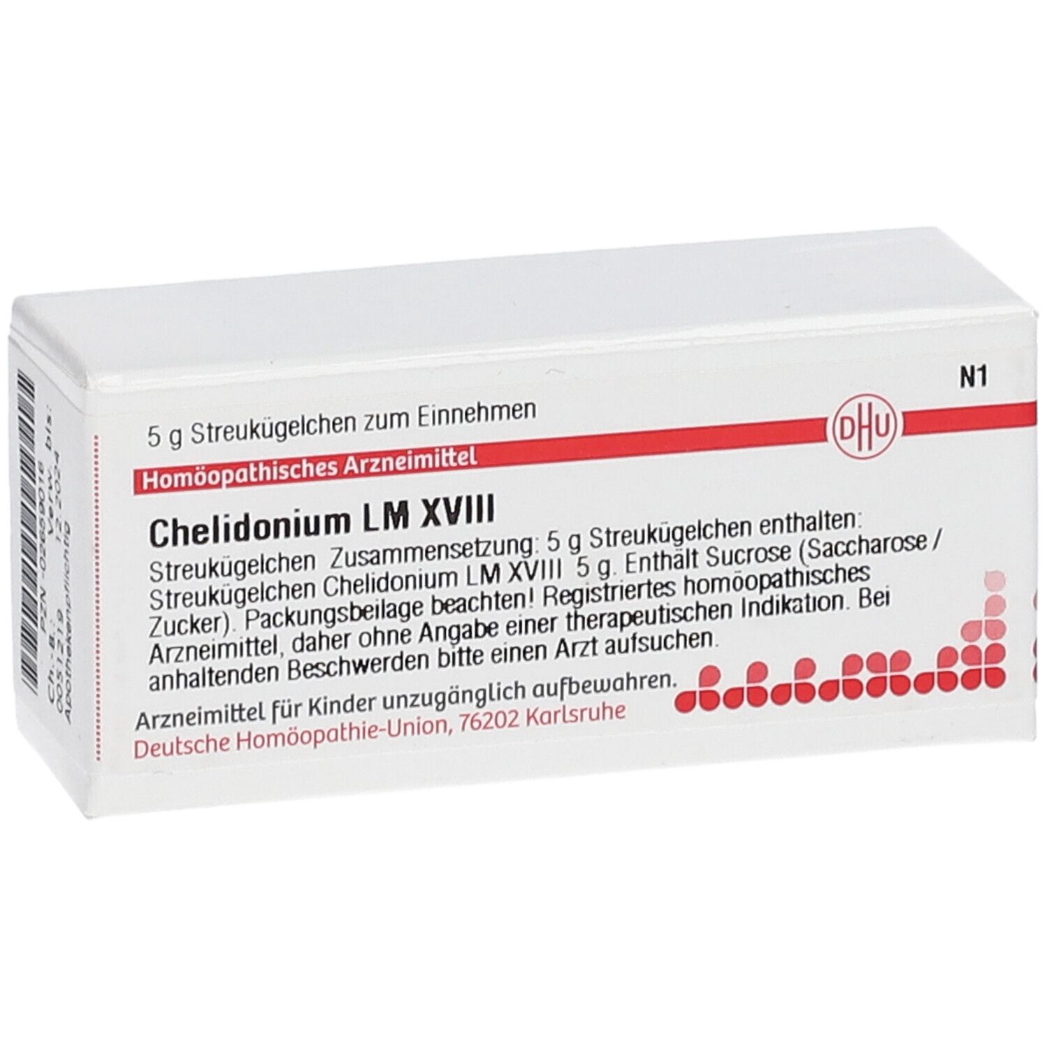 Weiße Faltschachtel mit roter Schrift und DHU-Logo. Text: Chelidonium LM XVIII, 5 g Streukügelchen. N1.