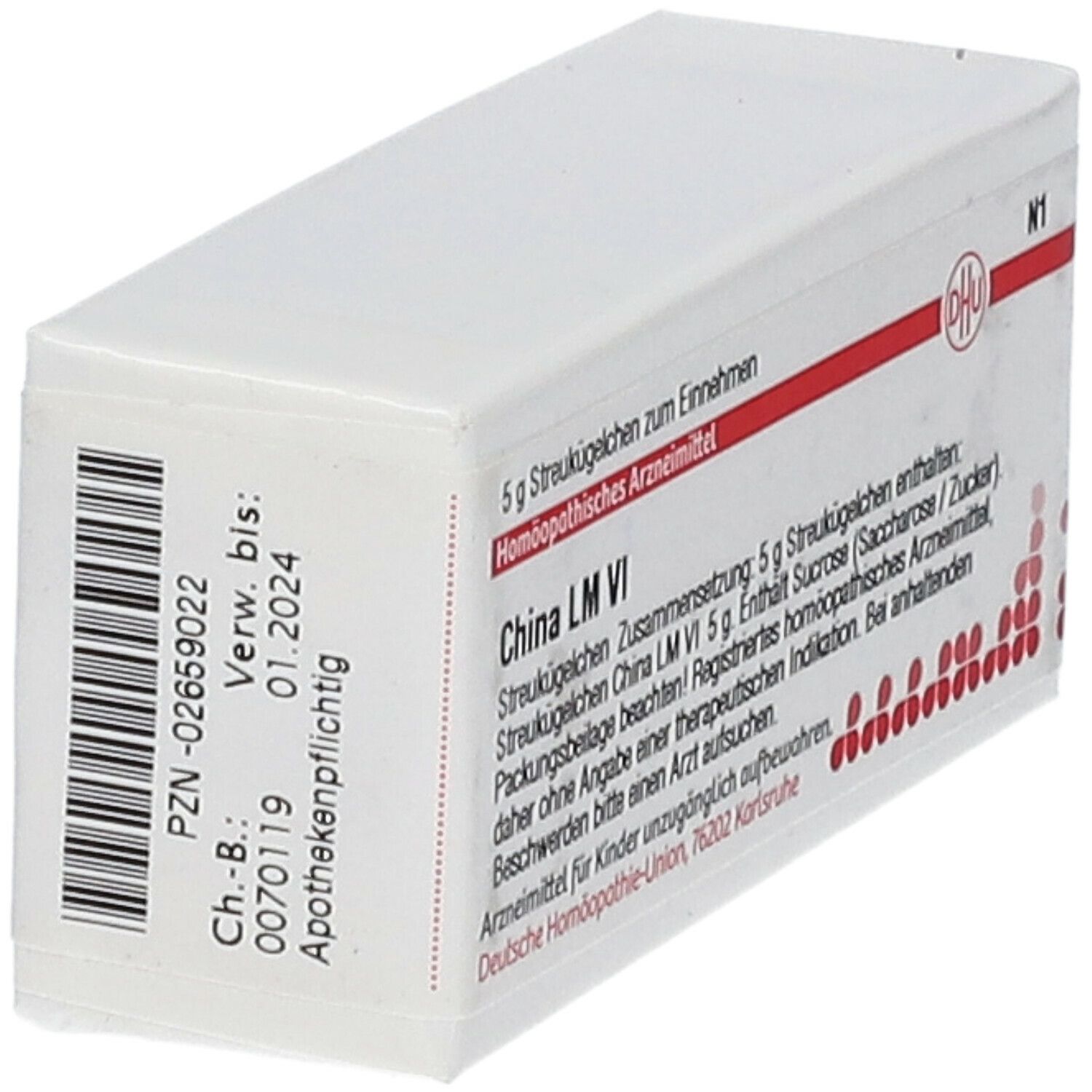 Weiße Faltschachtel mit roter Schrift und DHU-Logo. Beschriftung: China LM VI, 5 g Streukügelchen. Barcode und Verfallsdatum.