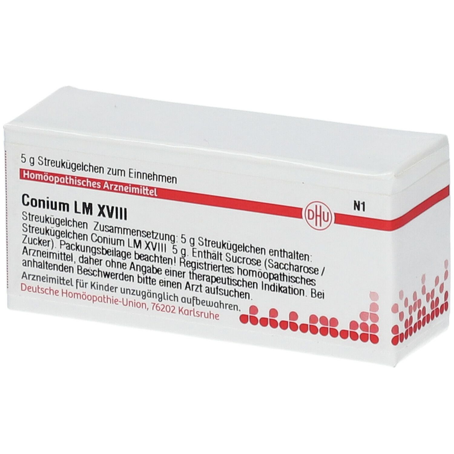 Weiße rechteckige Schachtel mit roter Umrandung. Aufschrift: Conium LM XVIII, DHU Logo. Text in Deutsch.