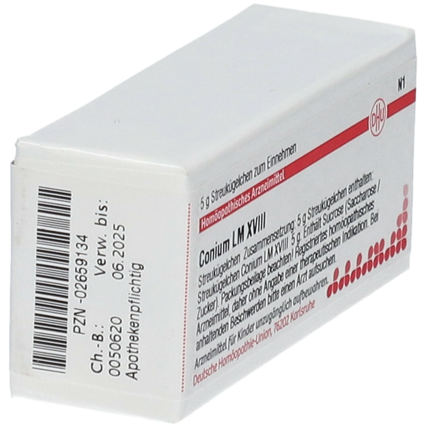 Weiße rechteckige Schachtel mit roter Umrandung. Aufschrift: Conium LM XVIII, DHU Logo. Barcode und Verfallsdatum.