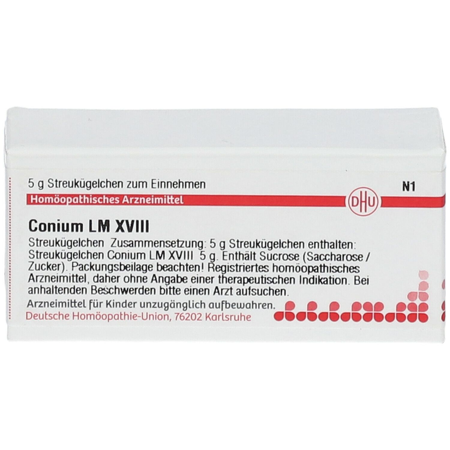 Weiße rechteckige Schachtel mit roter Umrandung. Aufschrift: Conium LM XVIII, DHU Logo. Text in Deutsch.