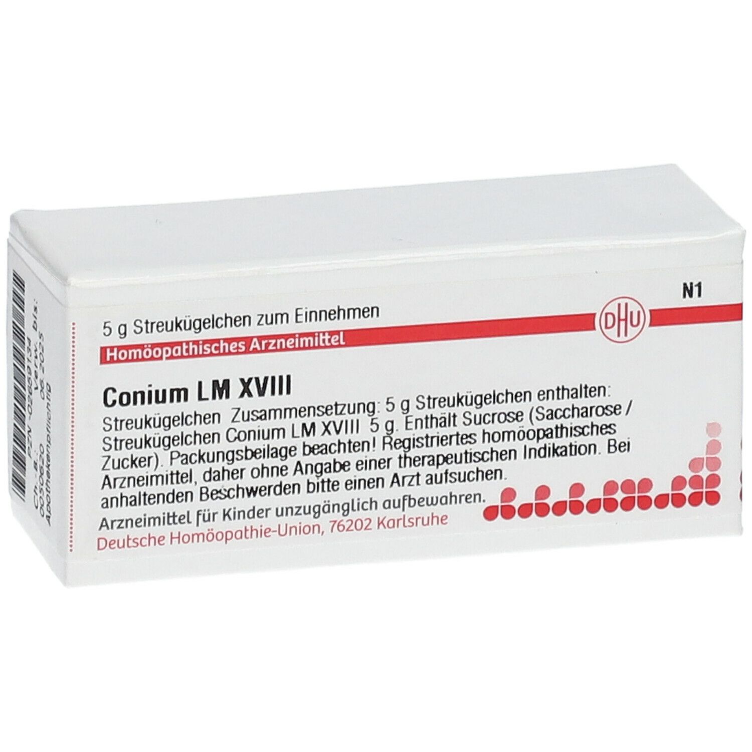 Weiße rechteckige Schachtel mit roter Umrandung. Aufschrift: Conium LM XVIII, DHU Logo. Text in Deutsch.