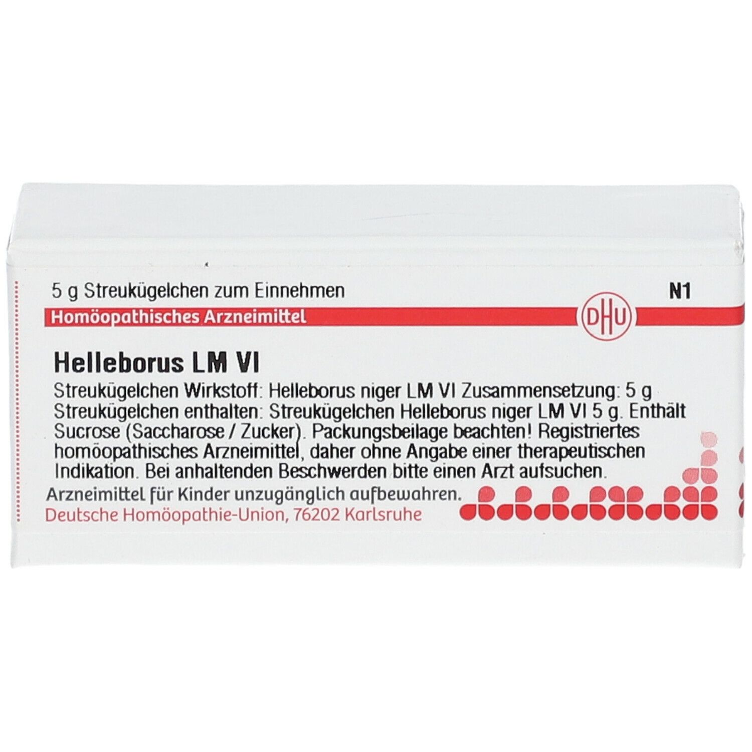 Weiße Schachtel mit roter Schrift. Aufschrift: Helleborus LM VI, DHU Logo. Text in deutscher Sprache.