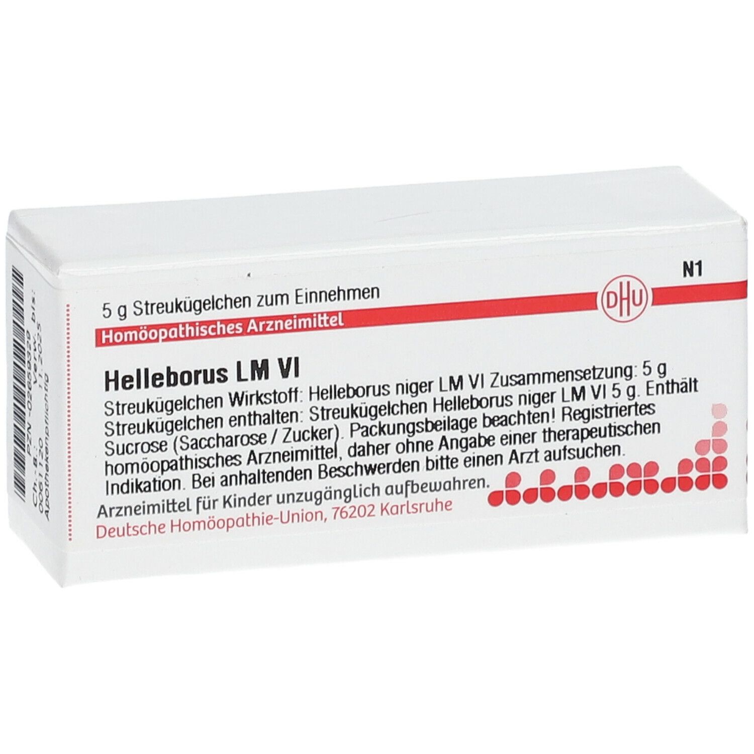 Weiße Schachtel mit roter Schrift. Aufschrift: Helleborus LM VI, DHU Logo. Text in deutscher Sprache.