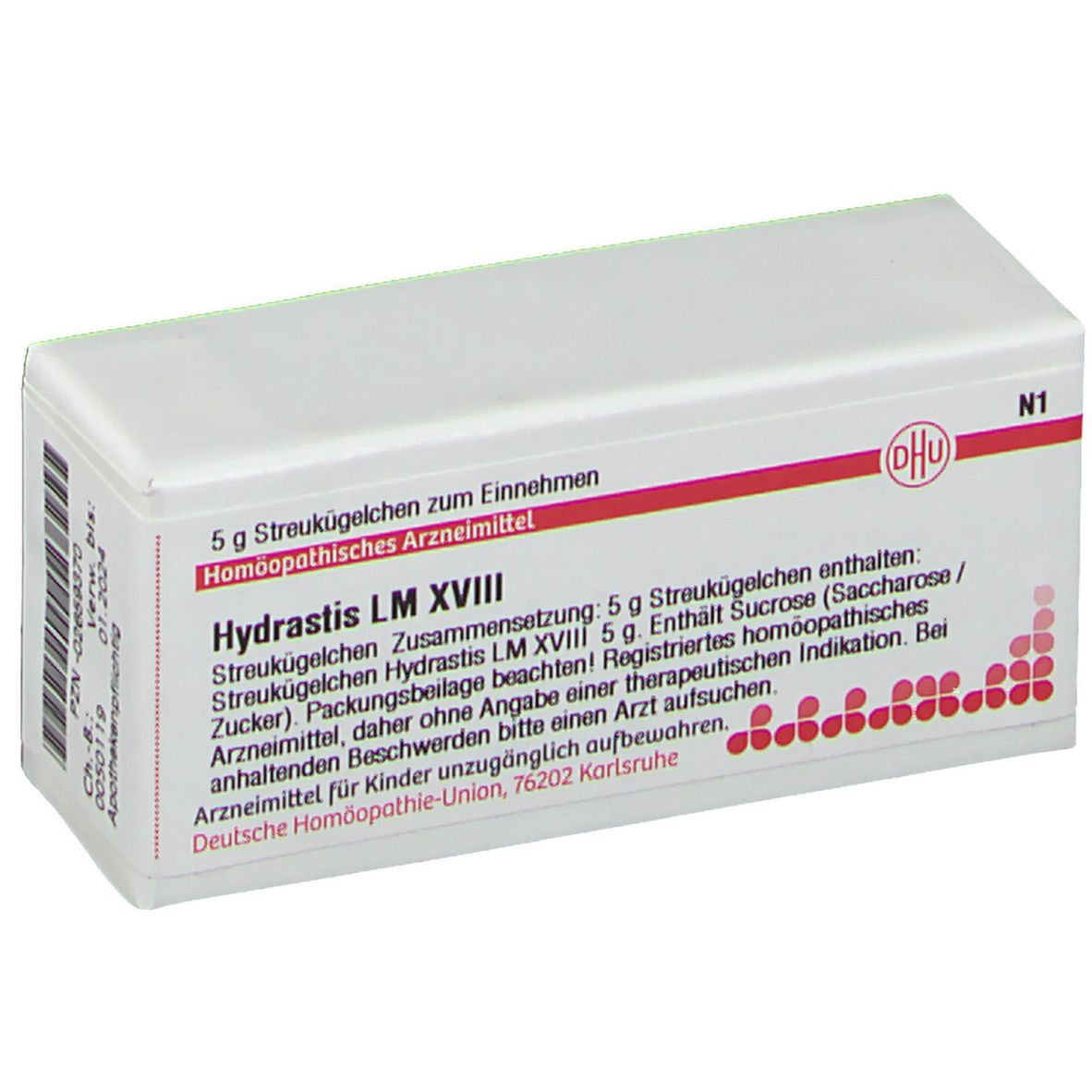 Weiße Schachtel mit roter Schrift und DHU-Logo. Text: Hydrastis LM XVIII, 5 g Streukügelchen. Homöopathisches Arzneimittel.