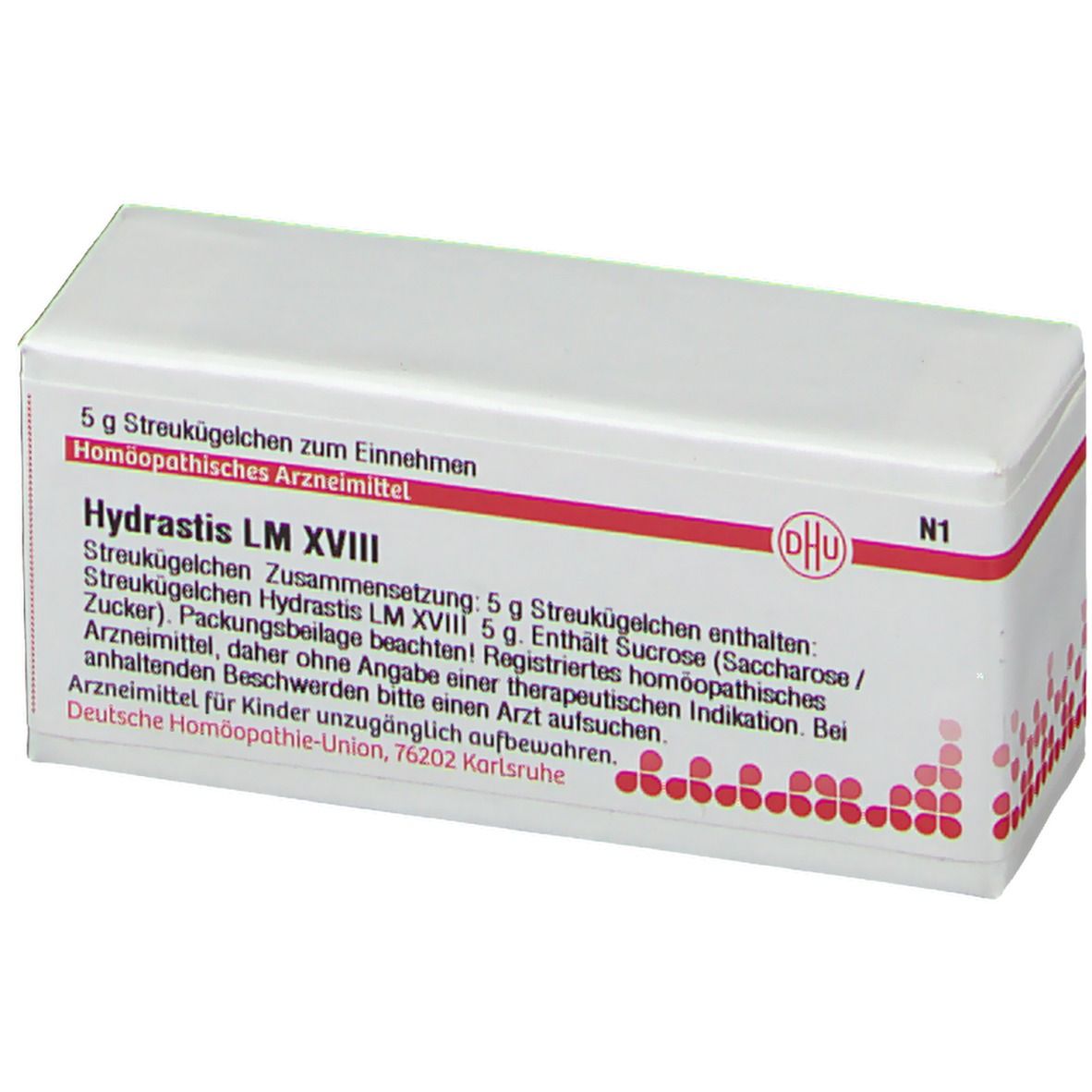 Weiße Schachtel mit roter Schrift und DHU-Logo. Text: Hydrastis LM XVIII, 5 g Streukügelchen. Homöopathisches Arzneimittel.