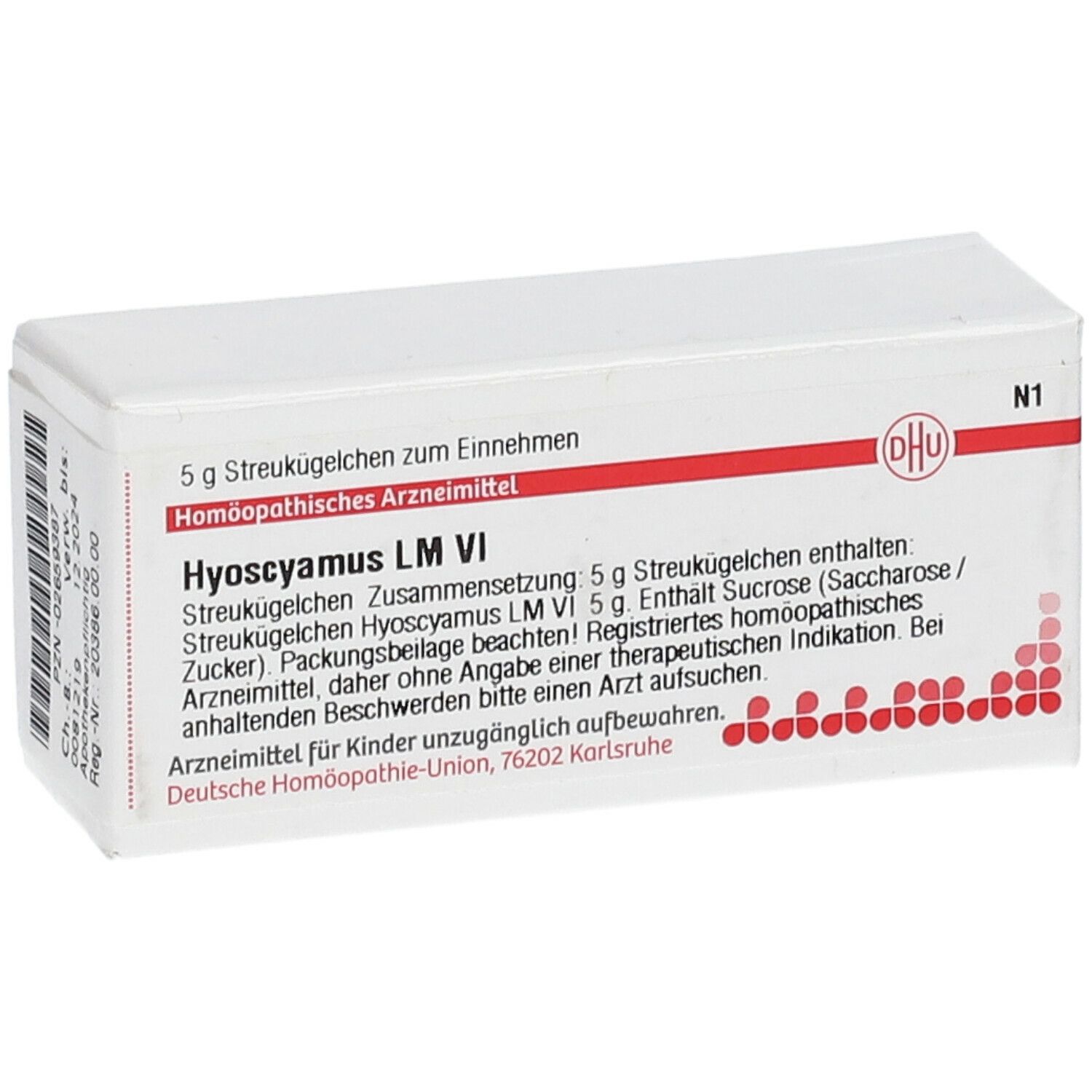 Weiße Schachtel mit roter Beschriftung und DHU-Logo. Enthält Streukügelchen. Text: Hyoscyamus LM VI, 5 g. Homöopathisches Arzneimittel.