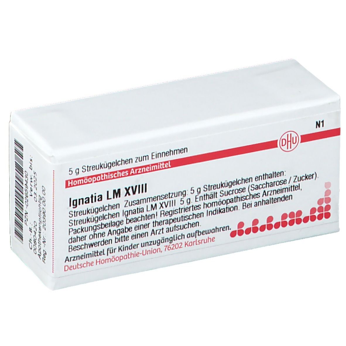 Weiße rechteckige Schachtel mit roter Schrift und DHU-Logo. Beschriftung: Ignatia LM XVIII, 5 g Streukügelchen. Apothekenpflichtig.