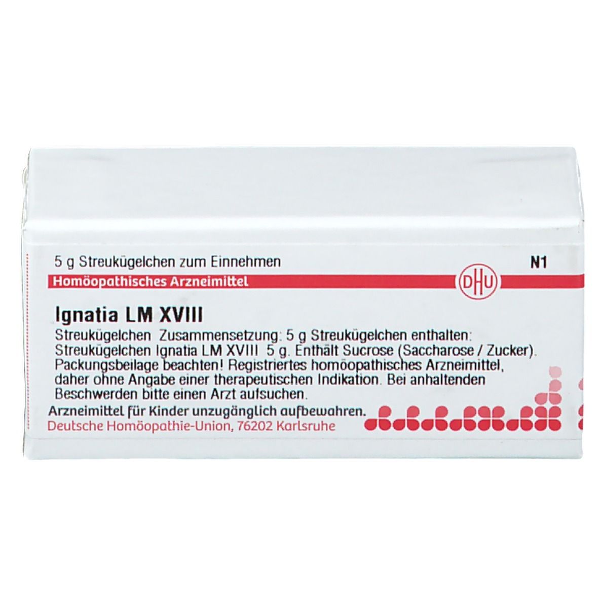 Weiße rechteckige Schachtel mit roter Schrift und DHU-Logo. Beschriftung: Ignatia LM XVIII, 5 g Streukügelchen. Apothekenpflichtig.
