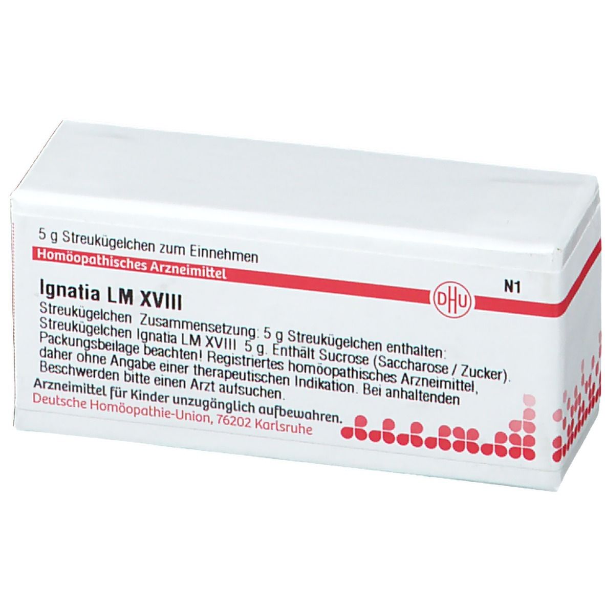 Weiße rechteckige Schachtel mit roter Schrift und DHU-Logo. Beschriftung: Ignatia LM XVIII, 5 g Streukügelchen. Apothekenpflichtig.