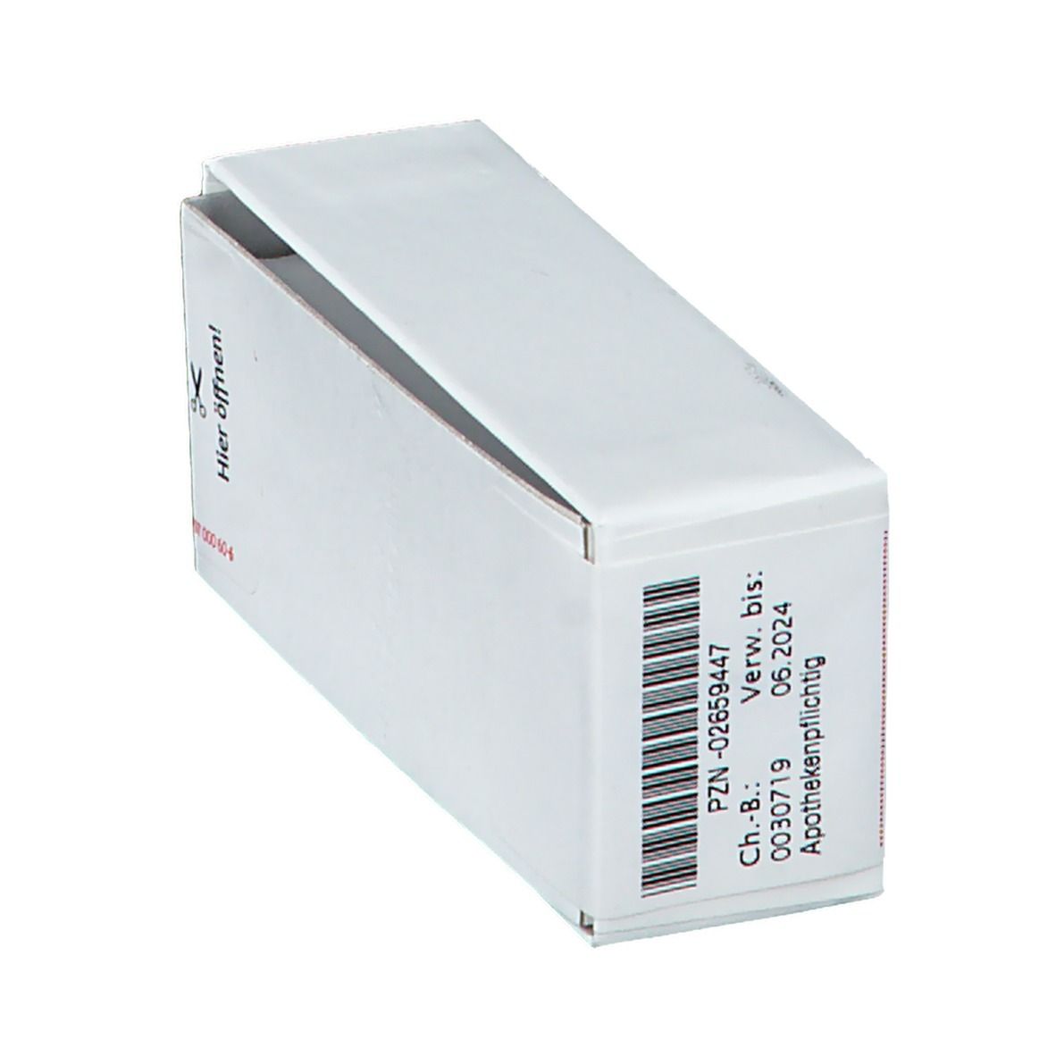Geöffnete weiße Schachtel mit Barcode und Verfallsdatum. Beschriftung: PZN-02659447, Verwendbar bis 06.2024.