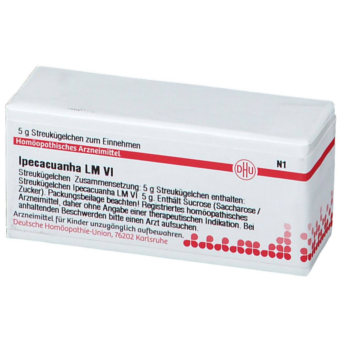 Weiße Schachtel mit roter Schrift und DHU-Logo. Beschriftung: Ipecacuanha LM VI, 5 g Streukügelchen. Homöopathisches Arzneimittel. N1.