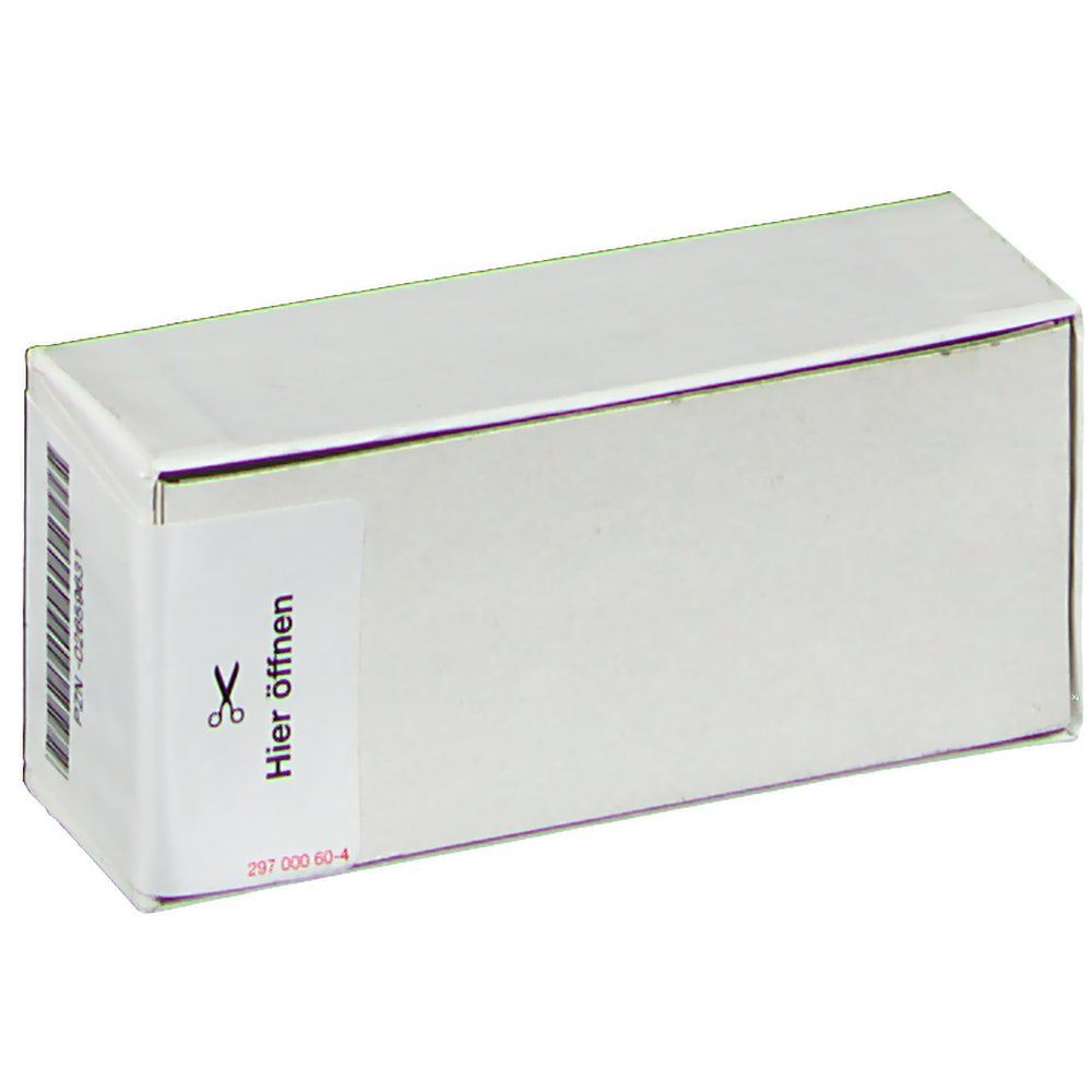 Weißer Karton mit Aufkleber. Aufkleber mit Schere-Symbol und Text: Hier öffnen. PZN-02659631.