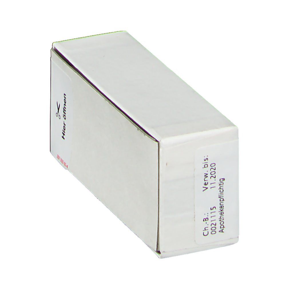 Weißer Karton mit Aufkleber. Aufkleber mit Text: Verwendbar bis 11.2020. Apothekenpflichtig. Ch.-B.: 0021115.