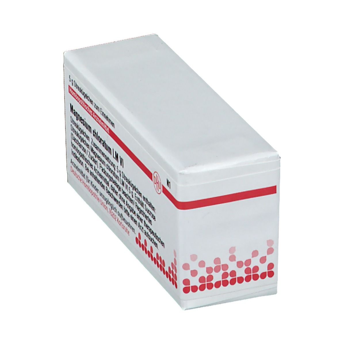 Schräg gestellte weiße Schachtel mit roter und schwarzer Schrift. Aufschrift: Magnesium chloratum LM VI, DHU Logo. Enthält Streukügelchen.