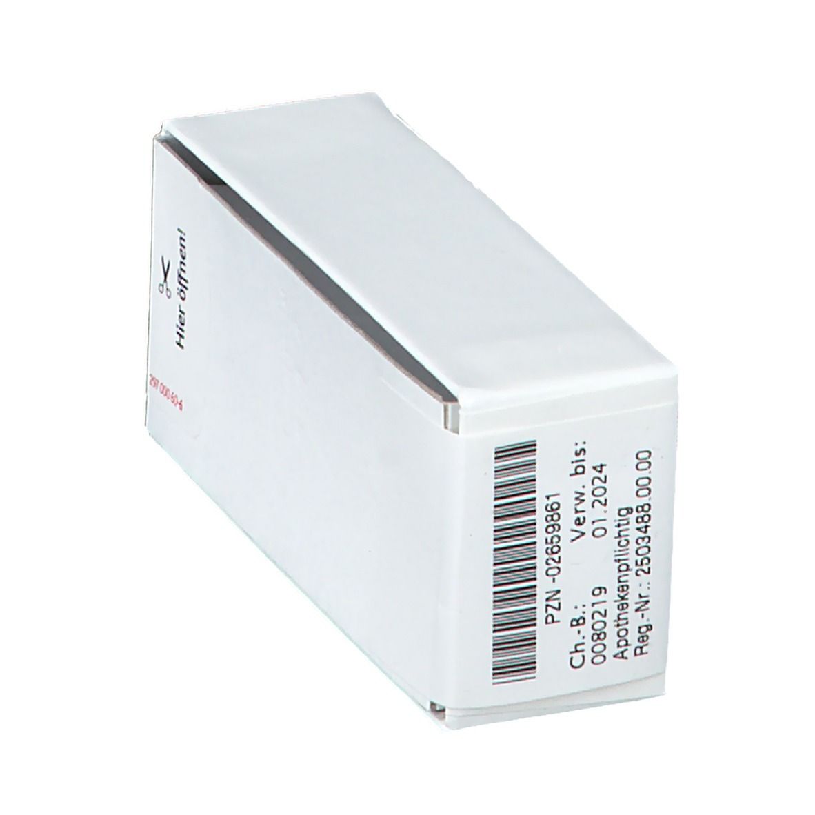 Weiße Schachtel mit Barcode und Text. Aufschrift 'Hier öffnen!'. Arzneimittelverpackung mit Chargennummer und Verfallsdatum.