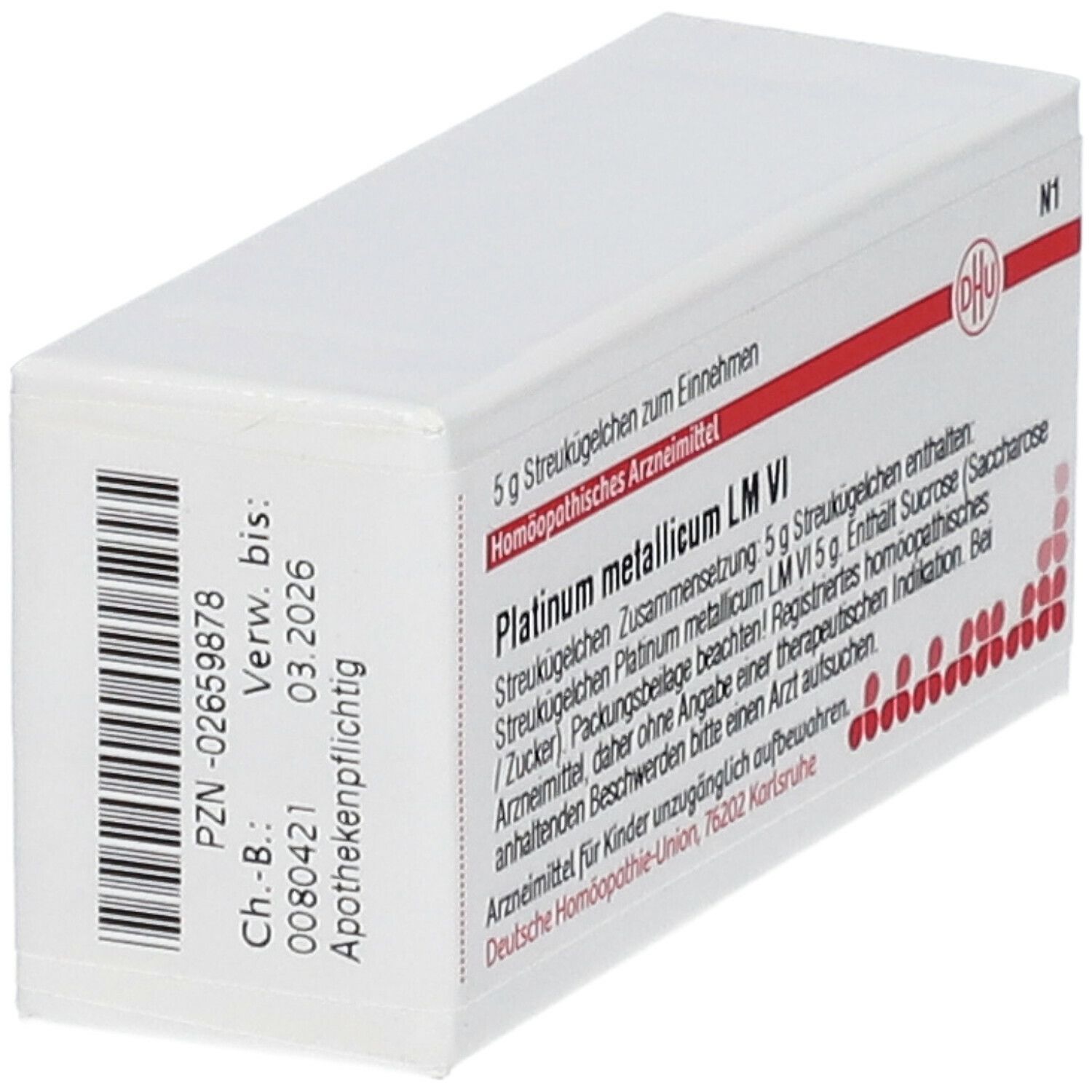 Weiße Schachtel mit Barcode und Text. Aufschrift: Platinum metallicum LM VI. Enthält Streukügelchen. DHU-Logo.