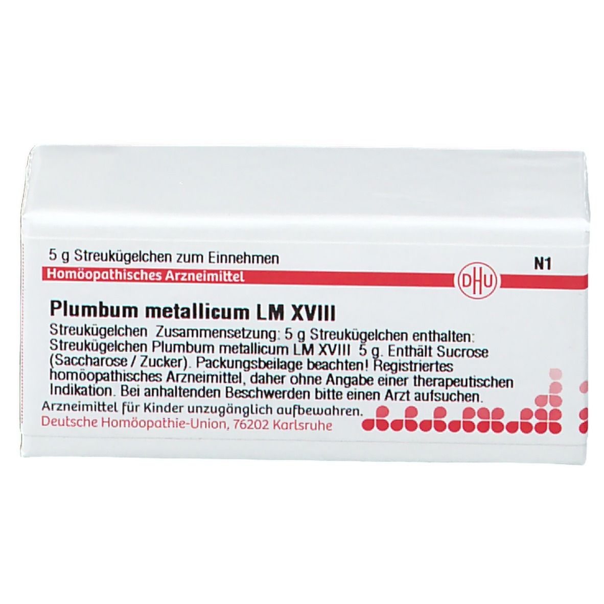 Weiße Schachtel mit roter Schrift. Enthält Streukügelchen. Aufschrift: DHU, Plumbum metallicum LM XVIII, 5 g. Homöopathisches Arzneimittel.