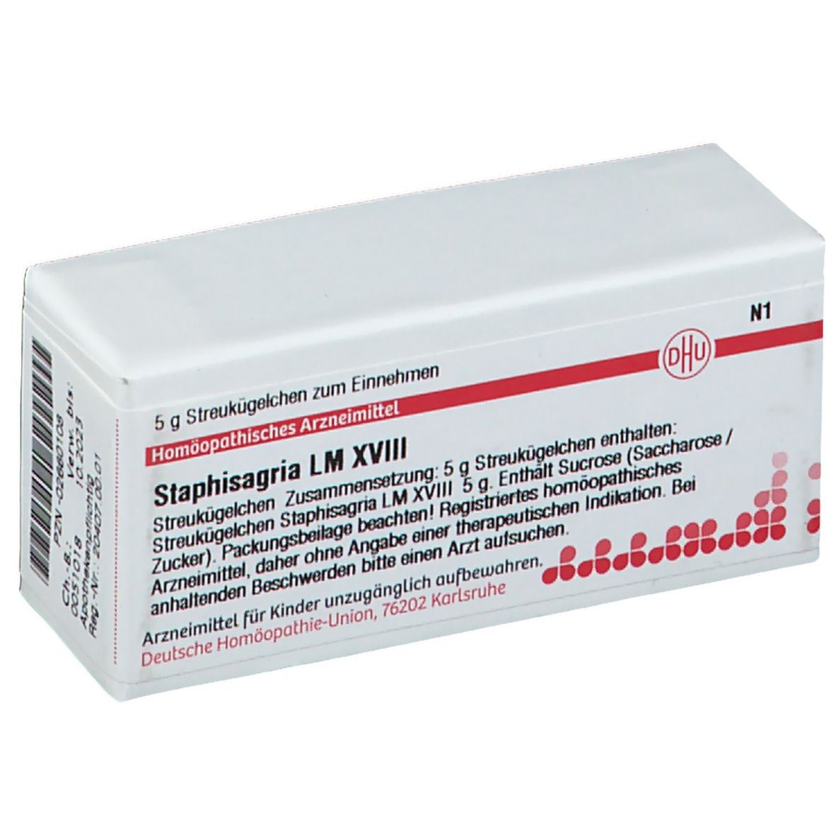 Weiße Schachtel mit roter Schrift und DHU-Logo. Enthält Staphisagria LM XVIII. Text: Homöopathisches Arzneimittel.