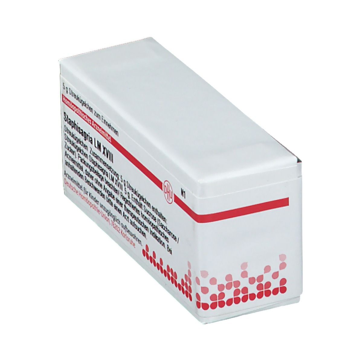 Weiße Schachtel mit roter Schrift und DHU-Logo. Enthält Staphisagria LM XVIII. Schachtel leicht schräg.