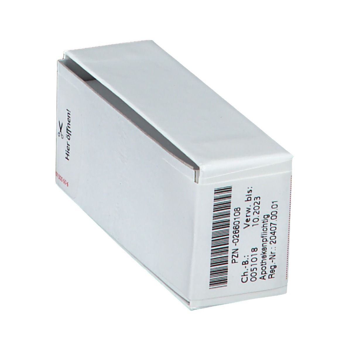 Weiße Schachtel mit Barcode und Text.  Aufschrift: Verwendbar bis 10.2023.  Ecke der Schachtel geöffnet.