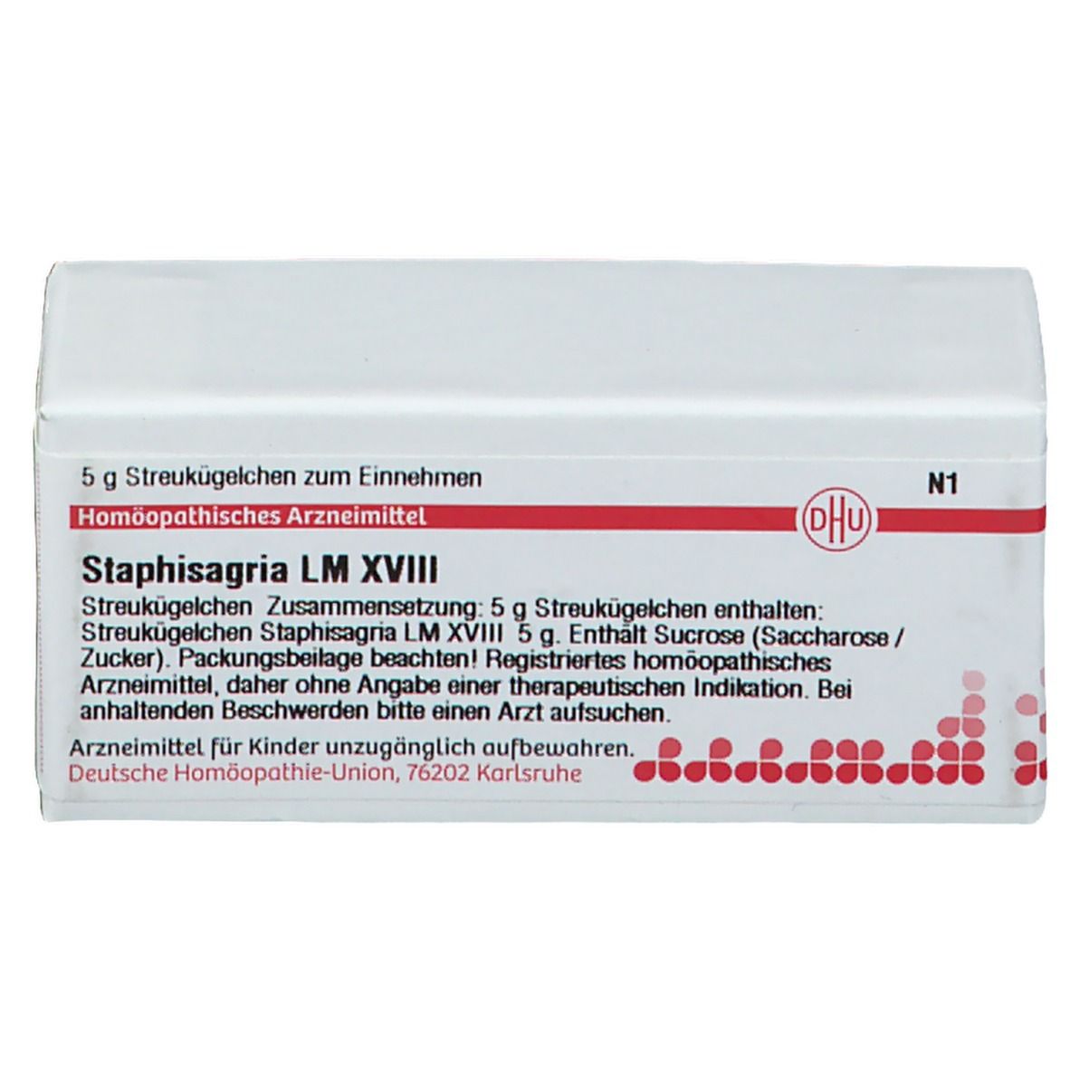 Weiße Schachtel mit roter Schrift und DHU-Logo. Enthält Staphisagria LM XVIII. Text: Homöopathisches Arzneimittel.