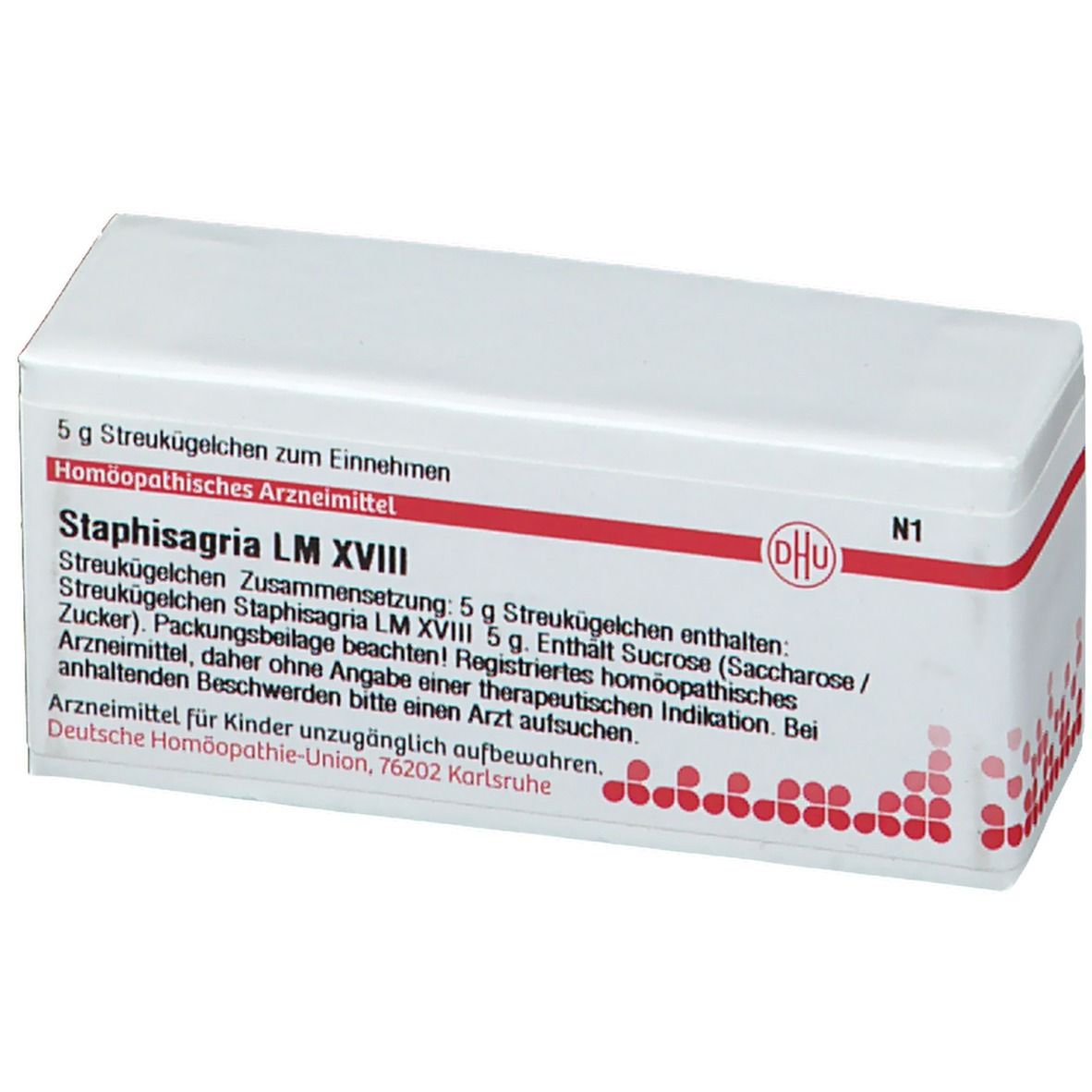 Weiße Schachtel mit roter Schrift und DHU-Logo. Enthält Staphisagria LM XVIII. Text: Homöopathisches Arzneimittel.